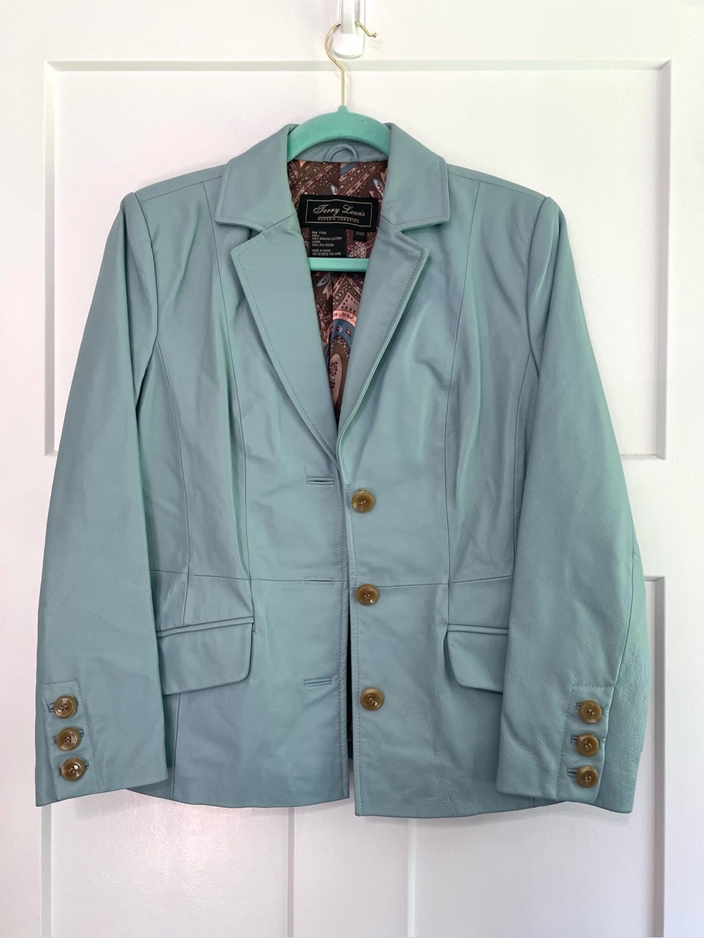 Vintage Terry Lewis Powder Seafoam Blue 100% Leather Blazer Tailored Jacket PXS - Picture 4 of 11